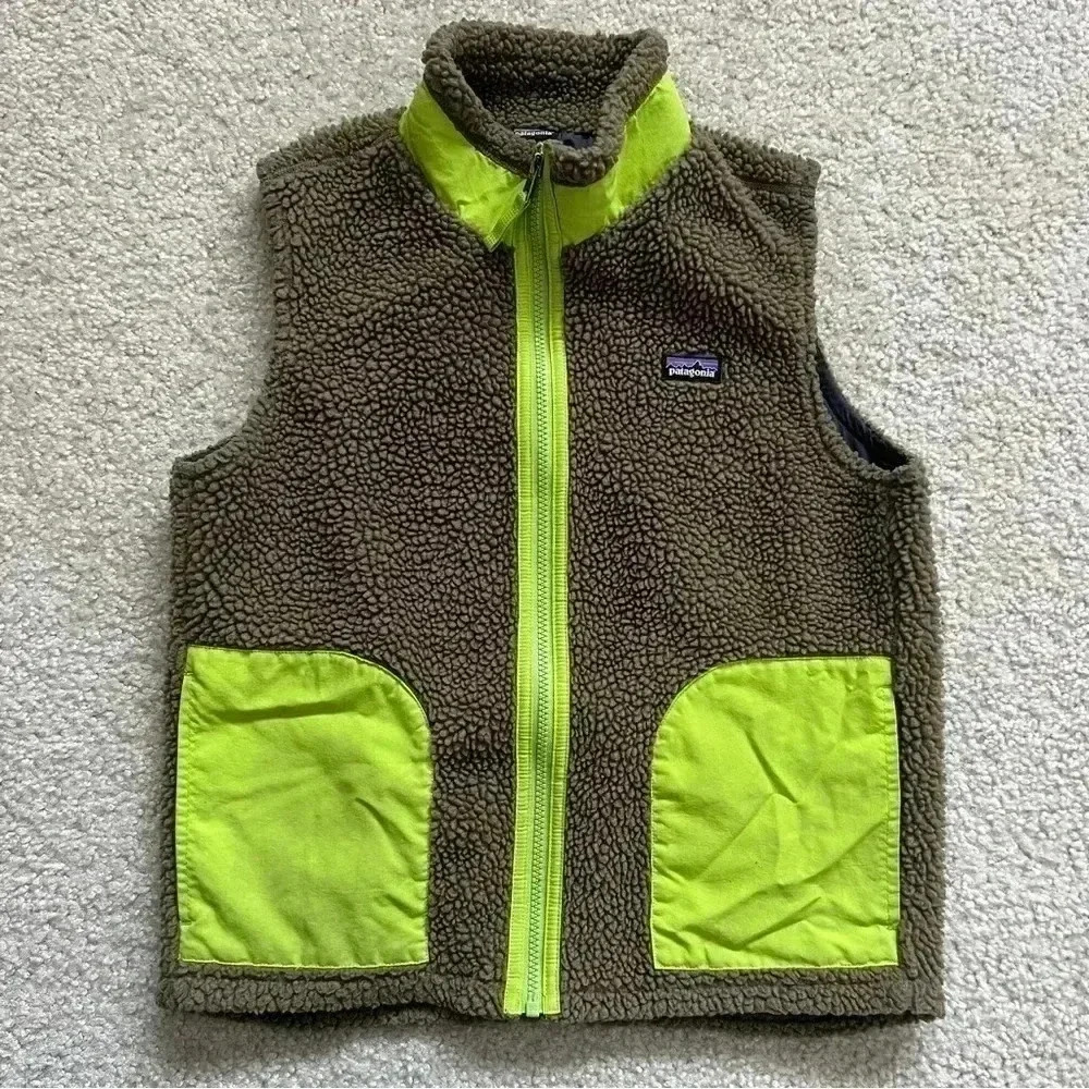 Patagonia Kids Brown and Neon Green Fleece Vest